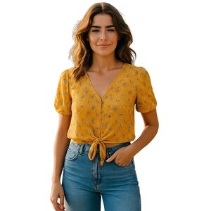 Indero Golden Puff Sleeve Crop Top with Tie Front